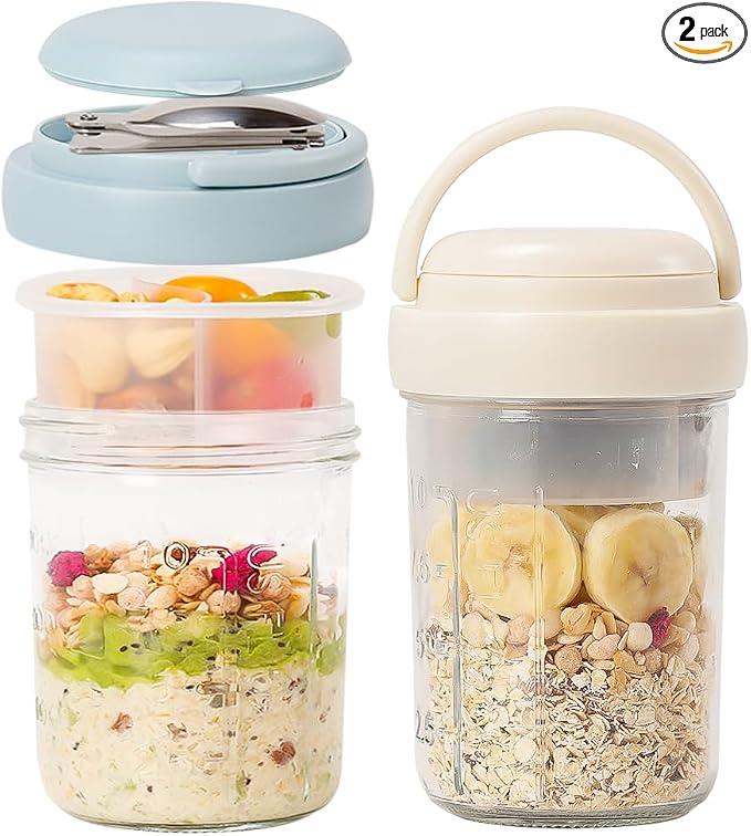 UWILLION Overnight Oats Containers with Handles, 16 oz Glass Mason Jars with Lids, Folding Spoons & Topping Compartments, Yogurt Parfait Cups for Meal Prep, Chia Pudding, Breakfast to Go, 2 Pack