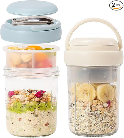 UWILLION Overnight Oats Containers with Handles, 16 oz Glass Mason Jars with Lids, Folding Spoons & Topping Compartments, Yogurt Parfait Cups for Meal Prep, Chia Pudding, Breakfast to Go, 2 Pack