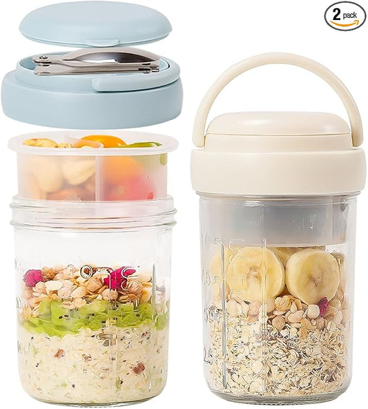 UWILLION Overnight Oats Containers with Handles, 16 oz Glass Mason Jars with Lids, Folding Spoons & Topping Compartments, Yogurt Parfait Cups for Meal Prep, Chia Pudding, Breakfast to Go, 2 Pack