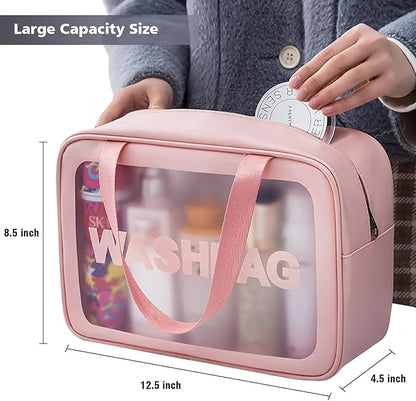 Travel Toiletry Bag for Women, Matte Translucent Toiletry Bag with Handy Handle, Makeup Cosmetic Organizer Bag for Travel Toiletries Accessories (Pink)