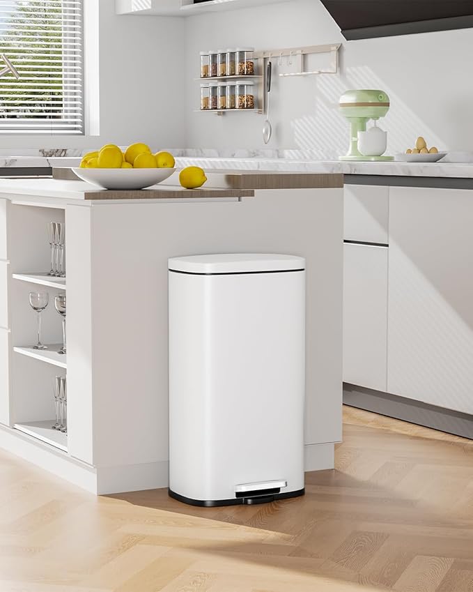 Arlopu 8 Gallon Step Trash Can, Stainless Steel Garbage Bin, Soft-Close Rubbish Bin with Removable Plastic Inner Bucket, Fingerprint-Proof, Lid Dustbin, Suit for Kitchen Home (White, 30L)