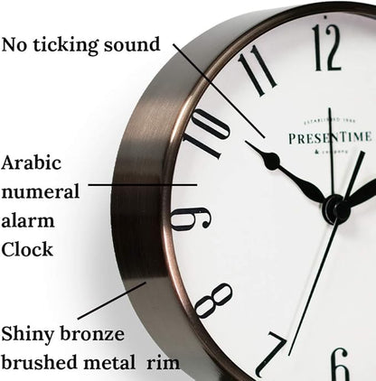 Presentime & Co Lewis Mantel Alarm Clock, Desk and Shelf Clock, Tabletop Decoration, 5.5 x 5 inch, Silent no Ticking, Metal Base, Bronze Finish, Arabic Numeral