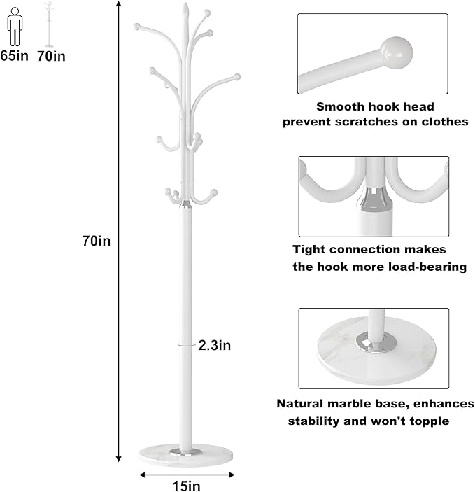 HOMEFORT Coat Rack Stand, Freestanding Coat Tree with Natural Marble Base, Metal Hall Tree with 12 Hooks for Hanging Hat, Clothes, Bag, Entryway Storage Organizer, White