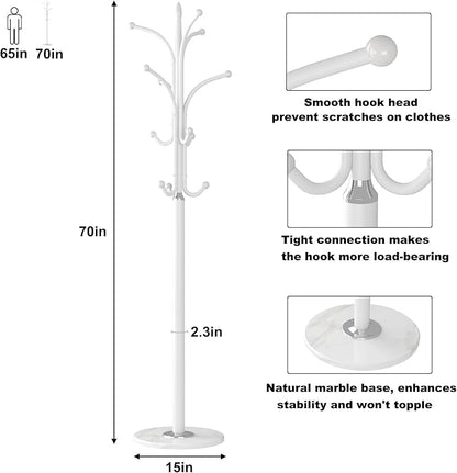 HOMEFORT Coat Rack Stand, Freestanding Coat Tree with Natural Marble Base, Metal Hall Tree with 12 Hooks for Hanging Hat, Clothes, Bag, Entryway Storage Organizer, White