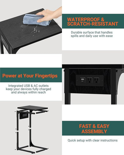 C-Shaped Side Table for Couch - Small Coffee Stand Sofa Tray Desk with Metal Frame Waterproof Scratch Resistant Wood Top and Built-in Charging Station, Black