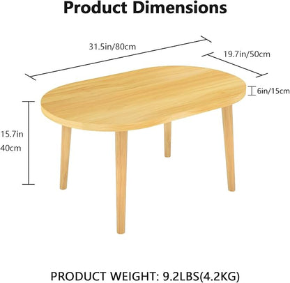 Oval Coffee Table Low Table with 4 Solid Wood Sturdy Legs,Floor Table Desk for Sitting on The Floor,19.7"D x 31.5"W x 16"H Inches,Living Room/Toy room Furniture,Rental house Furniture (Natural-Oval)