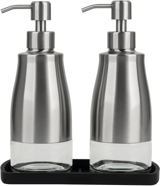 Gaussra Kitchen Soap Dispenser Set with Silicone Tray and Stickers - Brushed Nickel, Stainless Steel Glass Soap Dispenser Bathroom, Refillable Hand Dish Dispenser for Kitchen Sink