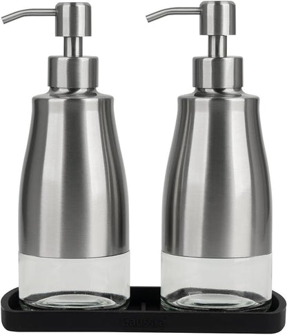Gaussra Kitchen Soap Dispenser Set with Silicone Tray and Stickers - Brushed Nickel, Stainless Steel Glass Soap Dispenser Bathroom, Refillable Hand Dish Dispenser for Kitchen Sink