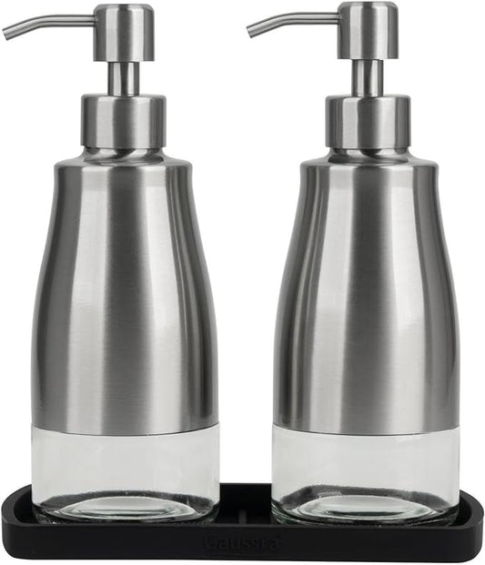 Gaussra Kitchen Soap Dispenser Set with Silicone Tray and Stickers - Brushed Nickel, Stainless Steel Glass Soap Dispenser Bathroom, Refillable Hand Dish Dispenser for Kitchen Sink