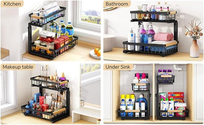 PXRACK Under Sink Organizer, Adjustable Height, 2 Tier Pull Out Under Cabinet Organizer, Slide Out Thickened Metal Under Sink Storage for Kitchen Bathroom Laundry Pantry Cabinet, Black, Small-2-Pack