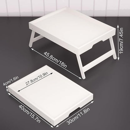 Fibogollo 4 Pack Bamboo Bed Tray Table with Folding Legs,Breakfast Trays,Serving Tray for Food and Snack,Laptop Trays for Working(White)