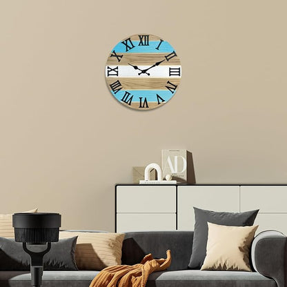 Blue Solid Wood Wall Clock for Living Room Farmhouse Wall Clocks Battery Operated 12 Inch Round Wall Clock Silent