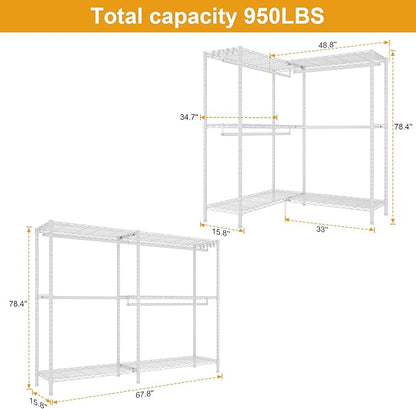 E15 Pro Garment Rack L Shaped Clothes Rack for Corner，Freestanding Clothing Racks for Hanging Clothes，Heavy Duty Closet System with 4 Hanging Rods & 8 S Hooks，48.8"W x 15.8"D x 78.4"H，White