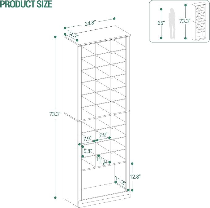 Hzuaneri 11 Tiers Shoe Storage Cabinet, Tall Shoes Cabinet with Cubby, Freestanding Wooden Shoe Organizer, 30-33 Pairs, Shoes Cubby Organizer for Entryway, Bedroom, Rustic White SR02014X