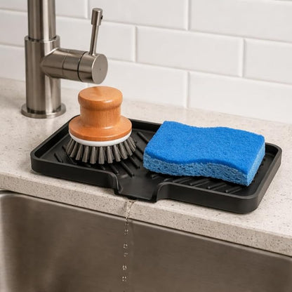 Happitasa Silicone Soap Dish Tray and Sponge Holder with Drain Chute and Feet | 3-Way Sloped Design | Bathroom and Kitchen Sink Organizer Caddy (Grey, 10"x4")