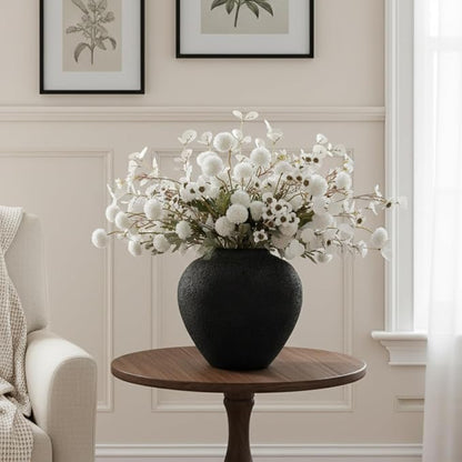 Black Large Round Vase Pottery Look for Home Decor, Arina Black Rustic Iron Vase Modern Farmhouse, Console Table Decor, Earthy Textured Metal Big Black Round Vases for Centerpieces, Jarrones Grandes