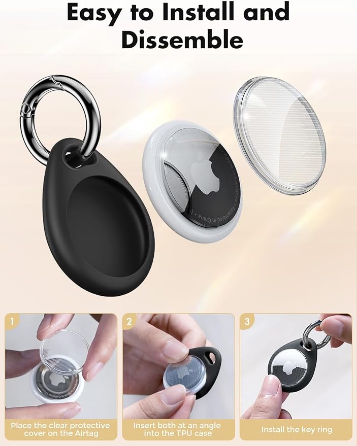 UNBREAKcable Holder for Apple AirTag [Fit Tightly Design] [Easy to Install] [Hold Air Tag Securely] Waterproof TPU Shell Case with All Metal Keychain Key Ring Clip, 4 Pack, Black