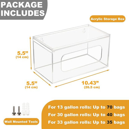SEANADO Acrylic Trash Bag Dispenser, Wall Mount Kitchen Organizer Storage Box Holder for Garbage, Grocery, Plastic Bag Roll Container (Standard with Lid)