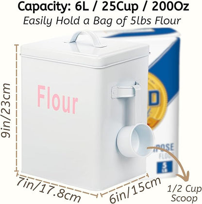 Youeon Metal Flour Container with Scoop and Lid, 6.3 Quart (Holds up to 7 lbs), Galvanized Steel Flour Canister with Handles, Farmhouse Square Storage Bin for Kitchen Counter, Pantry, White