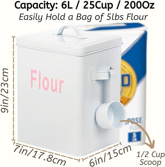 Youeon Metal Flour Container with Scoop and Lid, 6.3 Quart (Holds up to 7 lbs), Galvanized Steel Flour Canister with Handles, Farmhouse Square Storage Bin for Kitchen Counter, Pantry, White