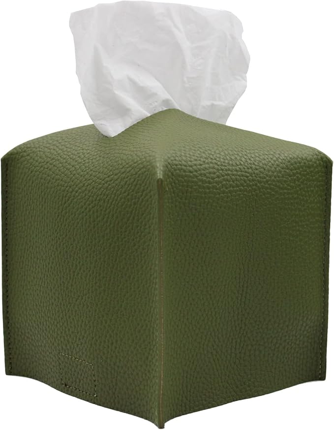 Livelab Tissue Box Cover, Square Decorative PU Leather Tissue Box Holder Modern Tissue Case Facial Paper Organizer Dispenser for Bathroom, Vanity Countertop, Night Stands, Desk 5X5X5'' | Olive Green