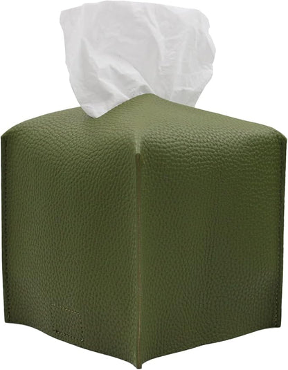 Livelab Tissue Box Cover, Square Decorative PU Leather Tissue Box Holder Modern Tissue Case Facial Paper Organizer Dispenser for Bathroom, Vanity Countertop, Night Stands, Desk 5X5X5'' | Olive Green