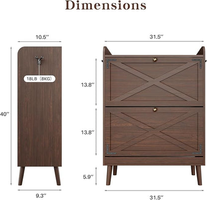 Shoe Storage Cabinet with 2 Flip Drawers & Adjustable Shelves,Narrow Shoe Cabinet Storage with Doors Side Hooks Wooden Shoe Rack Cabinet for Entryway,Hallway,Rustic Brown