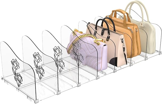 Rose Purse Dividers for Closet, 2 Pack Clear Clutch Purse Closet Organizers, Adjustable Handbag Storage Organizers, Plastic Bookshelf Separator Dividers for Bedroom Office