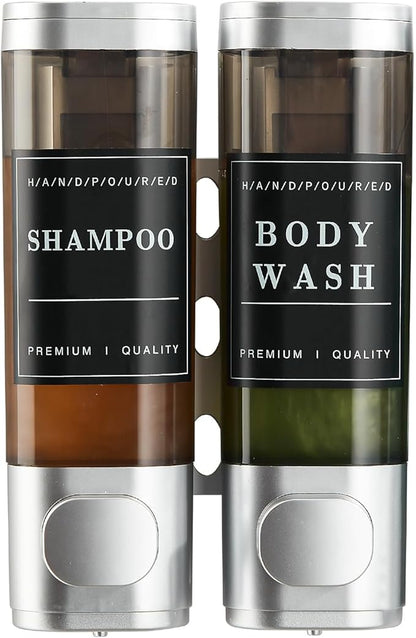 Shampoo and Conditioner Dispenser,Unisence Shower Dispenser 2 Chamber No Drill Wall-Mounted Shampoo Dispenser for Shower Wall Mounted Body Wash Dispenser for Bathroom Hotel Large Capacity,Silver