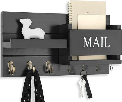 Mail Organizer for Wall Mount – Key Holder with Shelf Includes Letter Holder and Hooks for Hallway Farmhouse Decor – Rustic Wood with Flush Mounting Hardware (16.5” x 9.1” x 3.4”) (Black)