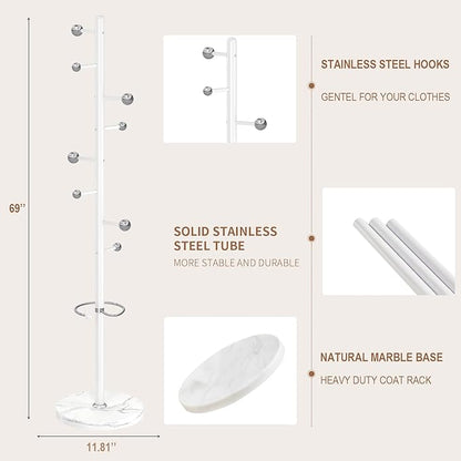 Modern Metal Coat Rack Stand, Coat Rack Freestanding with Natural Marble Base,Sturdy Heavy Duty Coat Racks with 8 Hooks, White Coat Hall Tree Stand for Entryway, Office