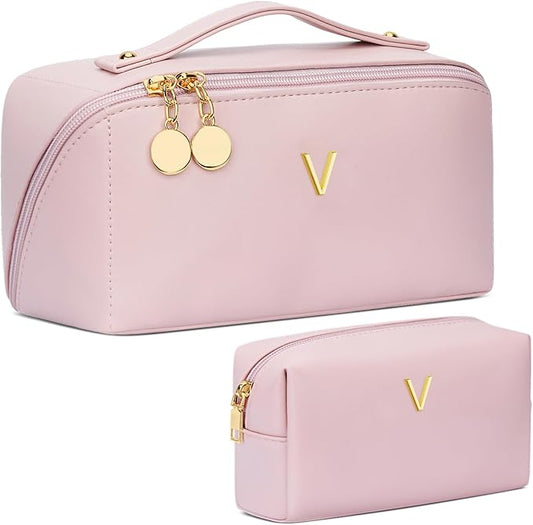Valentine's Day Gifts for Women Teen Girl, Personalized Initial Makeup Organizer Bag Set, Open Flat Travel Cosmetic Bag With Clear Divider and Handle(Pink,V)