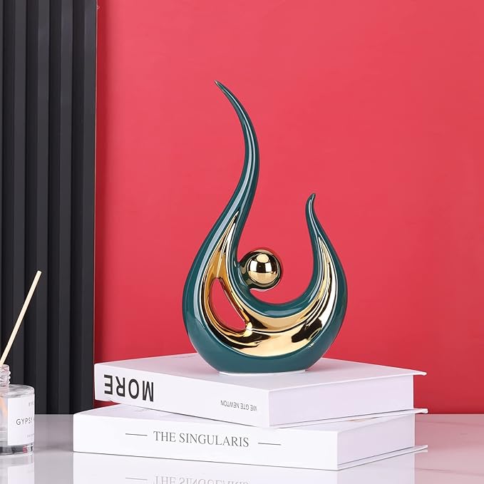 LCCCK Teal Gold Abstract Figurine Statues for Home Decor – Modern Ceramic Sculpture Accent, Decorative Statues for Living Room, Shelf, TV Stand, Office or Coffee Table Centerpiece Art Decoration