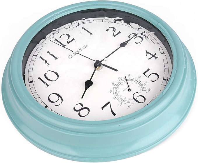 12 Inch Outdoor Clock Waterproof with Thermometer,Vintage Indoor Outdoor Wall Clocks for Patio, Pool, Garden, Bathroom Wall Decor - Teal
