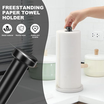 Standing Paper Towel Holder, Kitchen Paper Towel Roll Holder- for Bathroom Kitchen Countertop with Weighted Marble Base for One-Handed Operation (Black), Black Paper Towel Holder
