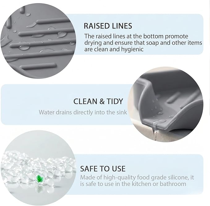 MicoYang Silicone Soap Dish with Drain Spout, Self-Draining Sink Organizer Tray for Bathroom and Kitchen, Sponges, Dispensers and Soap Holder, Non-Slip and Dishwasher Safe, Grey (Compact, 4.9"×3.2")