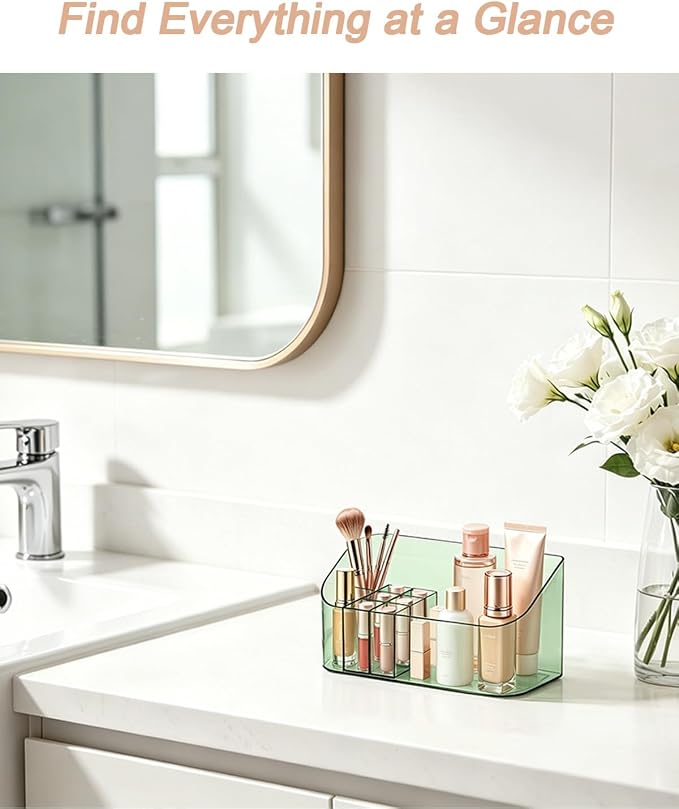 Makeup Tray Holder Organizer Cosmetic Display Case Tabletop Desktop Vanity Countertop Bathroom Wall Cabinet Medicine Storage Box 9 Dividers 2 Removable Women Ladies Girls Gifts Crystal Green 1 PACK