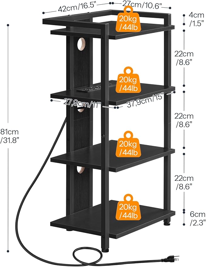 HOOBRO Game Console Shelf, 4-Tier Video Gaming Consoles Stand with Outlet & RGB Light, Audio Rack Tower for Turntable, Stereo Equipment, Wooden Entertainment Storage Stand, Black BB38UDCJ01