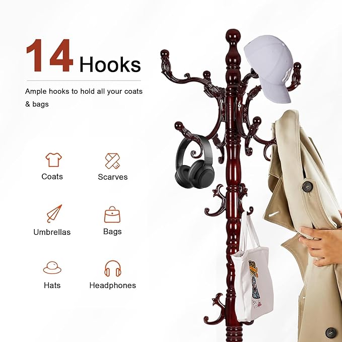 Wooden Coat rack freestanding, Coat racks stand with 14 Hook, Heavy duty coat tree standing 3 Adjustable Heights for Bedroom, Entryway, Hallway, Office,Stury Base (Redwood triangle)
