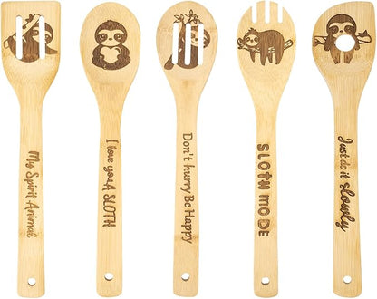 5PCS Sloth Wooden Cooking Spoons Sloth Gifts Sloth Decor Sloth Gifts for Women Sloth Kitchen Decor Sloth Stuff Sloth Party Favors Housewarming Wedding Cooking Bamboo Cooking Spoons for Everyday Use