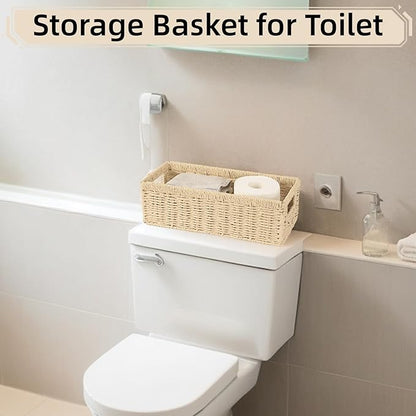 2 Pack Paper Rope Wicker Baskets with Handles, Storage Wicke Baskets for Shelves Organizing, Natural Color Toilet Basket Tank Topper, Small Woven Baskets for Storage, 14.17x6.1x4.72in