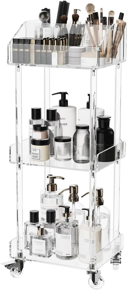 Aquiver Acrylic Makeup Organizer Storage Cart - 3 Tier Rolling Makeup Cart Vanity Organizer - Cosmetics Display Cases Holder for Skincare Cosmetics, 11.8'' L x 9.8'' W x 31.7'' H, Clear