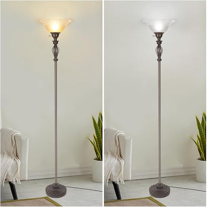 HonoDing Torchiere Floor Lamps for Living Room & Bedroom – Stand Up Lamp with Corner Floor Lamp Design – Traditional Iron Scroll 70" Tall Alabaster Glass Bowl Shade (Brown)