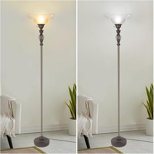 HonoDing Torchiere Floor Lamps for Living Room & Bedroom – Stand Up Lamp with Corner Floor Lamp Design – Traditional Iron Scroll 70" Tall Alabaster Glass Bowl Shade (Brown)
