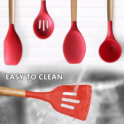 IOCBYHZ Silicone Cooking Utensils Set 5Pcs Non-Stick Silicone Kitchen Utensils for Cooking, Heat Resistant Kitchen Gadgets Spatula Spoon Turner Set with Wooden Handles for Non-Stick Cookware BPA Free