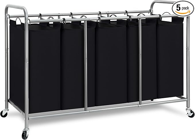 STORAGE MANIAC 5 Section Laundry Sorter, 5 Bins Rolling Separator Laundry Basket, Dirty Clothes Hamper Divider with Heavy Duty Rolling Lockable Wheels, Large Clothes Organizer Cart, Black