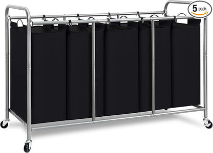 STORAGE MANIAC 5 Section Laundry Sorter, 5 Bins Rolling Separator Laundry Basket, Dirty Clothes Hamper Divider with Heavy Duty Rolling Lockable Wheels, Large Clothes Organizer Cart, Black