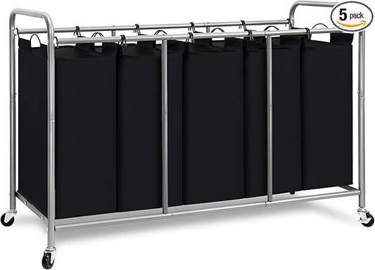 STORAGE MANIAC 5 Section Laundry Sorter, 5 Bins Rolling Separator Laundry Basket, Dirty Clothes Hamper Divider with Heavy Duty Rolling Lockable Wheels, Large Clothes Organizer Cart, Black