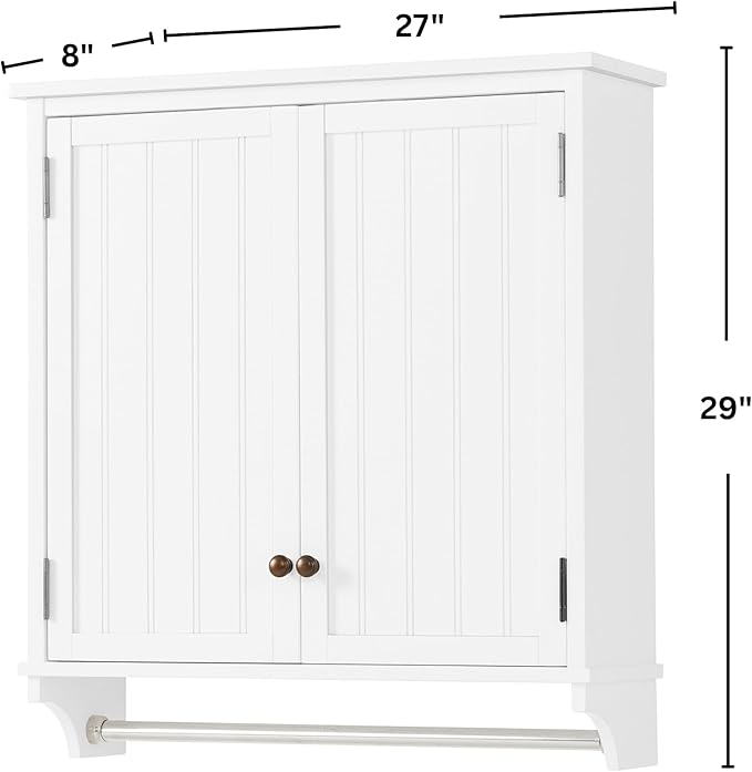 Dover 27” x 29” Wall Mounted Bathroom Storage Cabinet with Shaker Beadboard Doors, Two Adjustable Shelves and a Towel Bar – White Wall Cabinet for Bathroom, Laundry, or Entryway by Alaterre Furniture