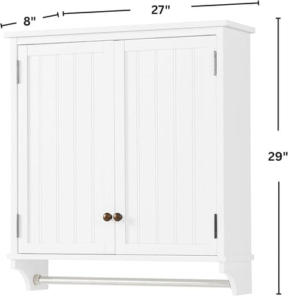 Dover 27” x 29” Wall Mounted Bathroom Storage Cabinet with Shaker Beadboard Doors, Two Adjustable Shelves and a Towel Bar – White Wall Cabinet for Bathroom, Laundry, or Entryway by Alaterre Furniture
